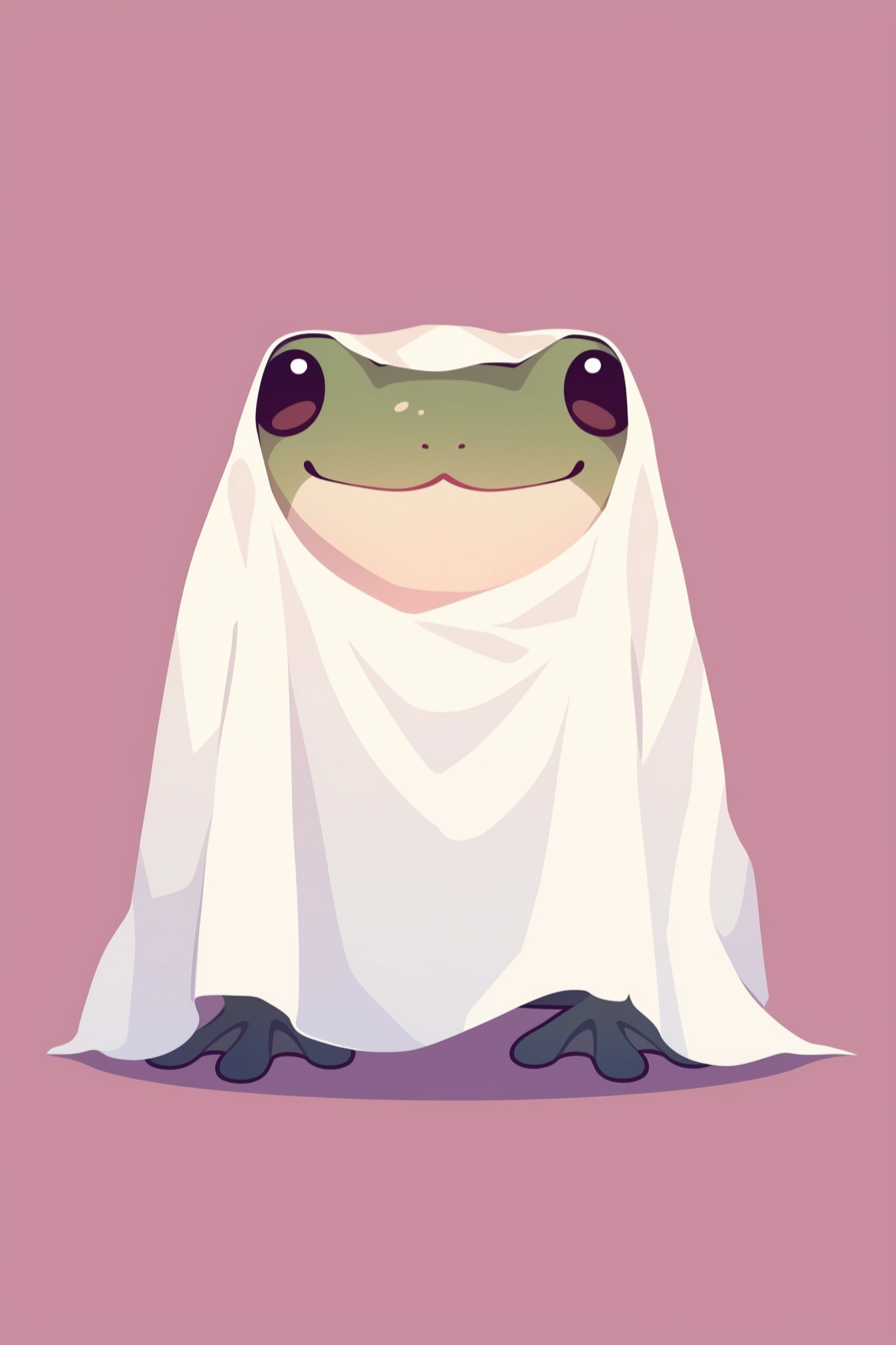 halloween frog drawing ideas 2 featuring a cute frog dressed as a ghost with a white sheet, on a soft purple background.